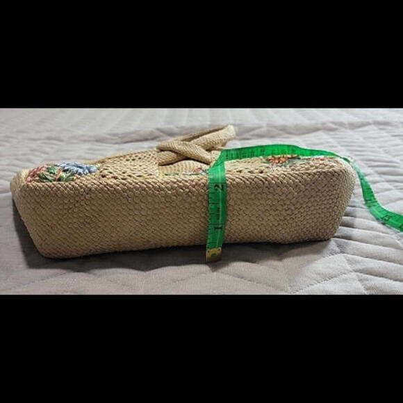 Vintage Woven Straw Raffia Purse Clutch Embroidered Flowers Handbag Boho - Picture 6 of 9